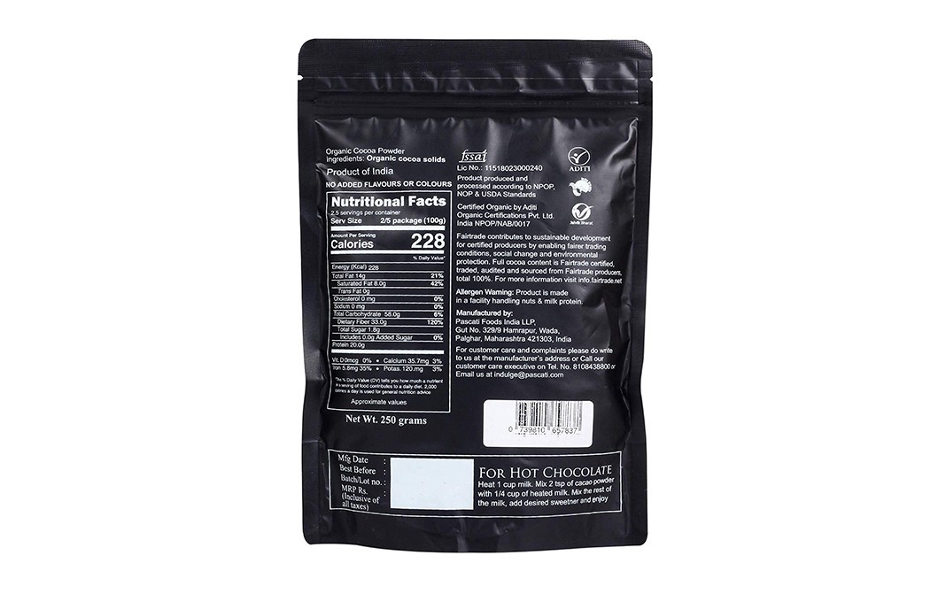 Pascati Cacao Powder Organic Non-Alkalised Unsweetened   Pack  250 grams